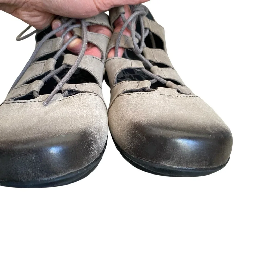 Aetrex Shoes Women 7.5 Gray Leather Flat Lace Up Retro Prairie Cottage Sienna